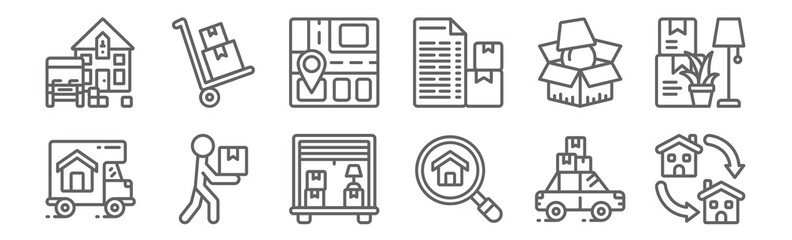 set of 12 removals icons. outline thin line icons such as moving, magnifying glass, box, packing, street map, trolley