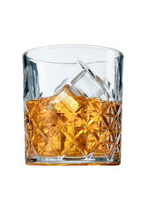 Old Fashioned Whiskey is contained in a crystal lowball glass with ice cubes. The showy illustrative picture is made on the white backdrop.