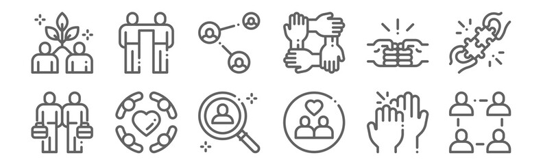 set of 12 friendship icons. outline thin line icons such as community, connect, friendship, brotherhood, share, shoulder to shoulder