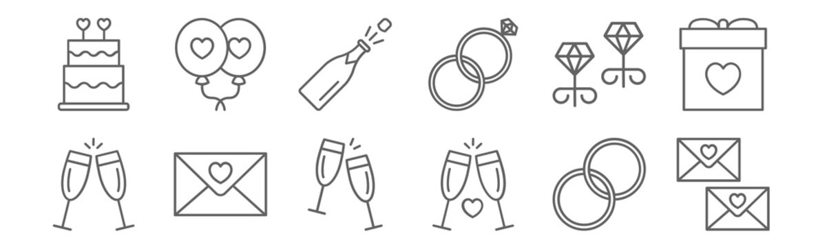 set of 12 wedding icons. outline thin line icons such as envelope, cheers, envelope, earrings, champagne, balloon