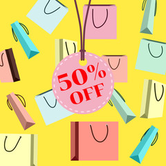 Sale yellow poster with shopping bags for isolated. shopping, for sale sign, Sale background, discount, marketing, selling, banner, web, header. Vector illustration