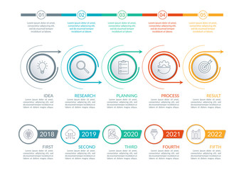 Timeline Infographic set with 5 steps, levels or options. Business design elements with icons for infographics, information brochure, presentation, banner, workflow layout. Vector illustration.