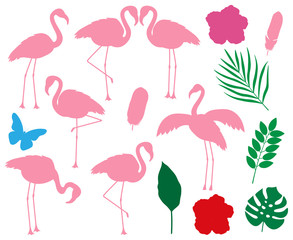 Set flamingo vector  Silhouette bird tropics flowers