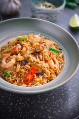 Asian Cuisine,  Fried rice, Nasi goreng, Seafood rice on dark background