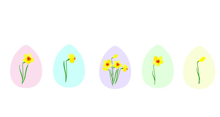 Easter eggs. Daffodil flowers. Vector illustration. 