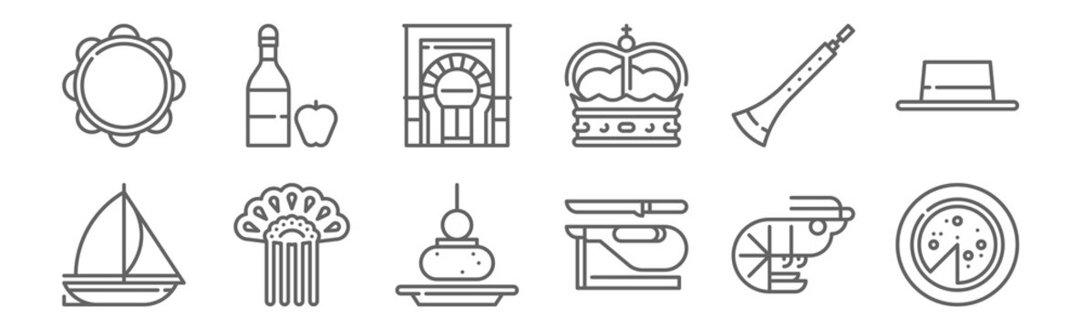 set of 12 tipical spanish icons. outline thin line icons such as omelette, ham, comb, dulzaina, mosque cordoba, cider