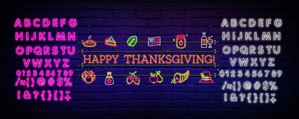 Happy Thanksgiving neon sign with a set of icons. Glowing neon Thanksgiving text. Night bright advertising. Vector illustration in neon style for cafe, restaurant, store