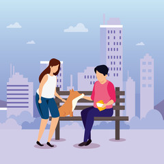 couple with wooden chair of park and dog vector illustration design