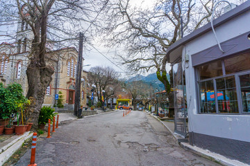 Street view of Polydroso village in Parnassos mountain, Fokida, Greece