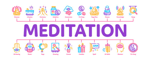 Meditation Practice Minimal Infographic Web Banner Vector. Meditation Yoga Relaxation Aromatic Therapy, Human Concentration, Gong And Painting Illustrations