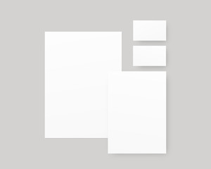 Vector stationery mockup with a4 paper, a5 paper, business cards. Mockup vector with shadows overlays. Branding stationery mockup scene. Mockup vector isolated. Template design.