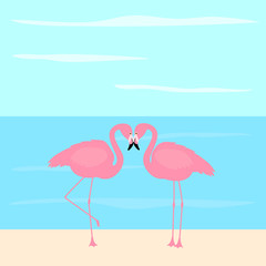 Naklejka premium Greeting card flamingo vector birds tropics flowers landscape sea sky