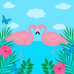  Greeting card flamingo vector birds tropics flowers landscape sea sky