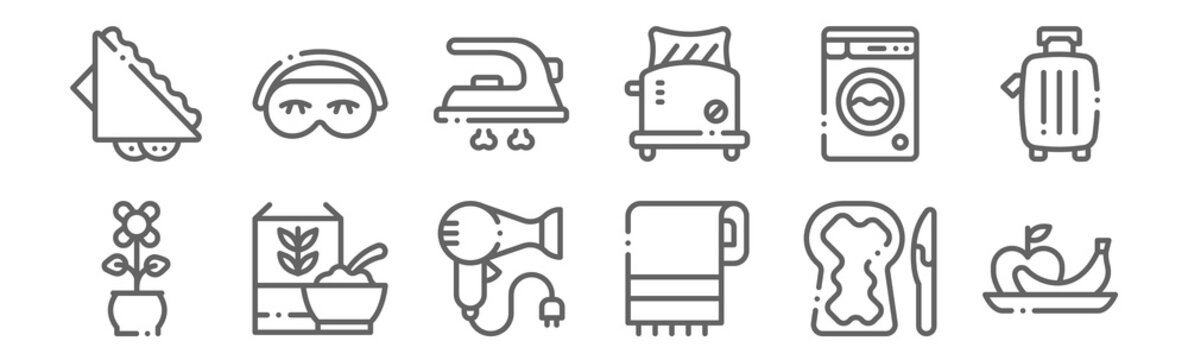 Set Of 12 Bed And Breakfast Icons. Outline Thin Line Icons Such As Fruits, Towel, Cereals, Washing Machine, Iron, Sleeping Mask