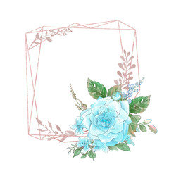 Watercolor neo vintage golden geometric frame with a beautiful bouquet of roses