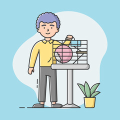 Zoo Shop Concept. Young Boy Have Bought A Hamster In Cage From Zoo Online Shop. A Friendship Between People And Animal. Man Is Playing With Hamster. Cartoon Linear Outline Flat Vector Illustration