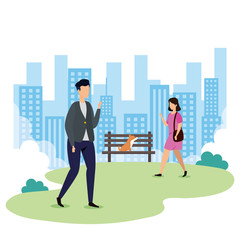 couple with dog mascot in cityscape vector illustration design