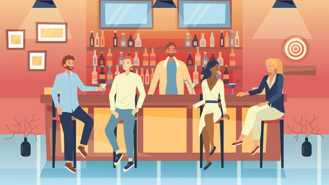 Concept Of Meetings In A Bar. Group Of People Have A Good Time Communicating At A Bar Counter. Male And Female Characters Are Talking, Drinking Alcohol Cocktails. Cartoon Flat Vector Illustration