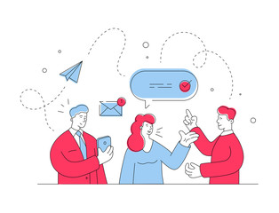 Modern people using online communication. Flat line vector illustration