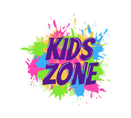 Kids zone entertainment childish banner label sticker badge logo. Cartoon colorful logo for children's playroom decoration, fun play, kids zone vector illustration
