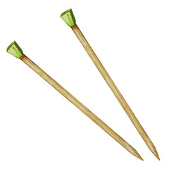 Hand drawn wooden Knitting needles Watercolor Illustration. Hobby handcraft icon, symbol. Isolated object on white background.