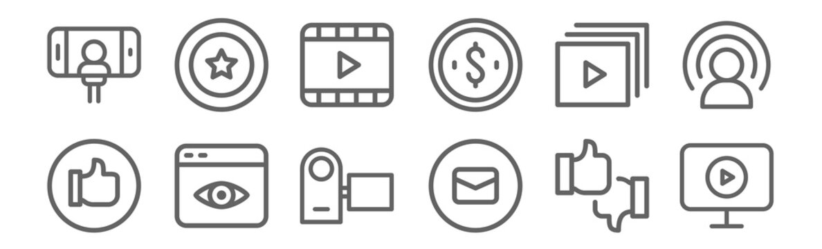 set of 12 influencer icons. outline thin line icons such as video tutorial, message, views, playlist, video, fame