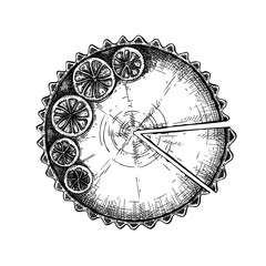 Lemon cheesecake sketch. Vector illustration of ink hand drawn fruit and berry baking. Homemade lemon cake drawing. Sweet bakery. 