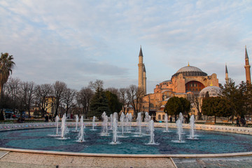 View of Hagia Sophia. Historic Temple in the center of Istanbul at sunset. Turkey