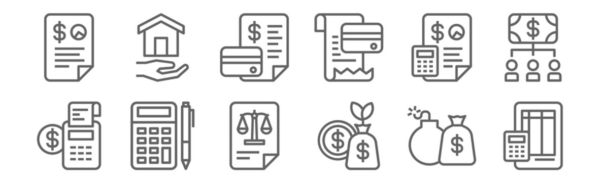 set of 12 accounting icons. outline thin line icons such as ledger, profit, accounting, accounting, mortgage loan