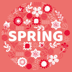 The word SPRING surrounded by leaf and flowers. Vector colorful background illustration.