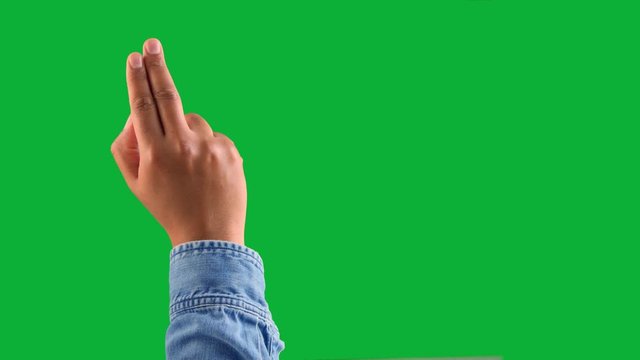 mixed race deep skin tone male hand makes a swipe to the right with two fingers gesture on white. one click keying on chromakey green background