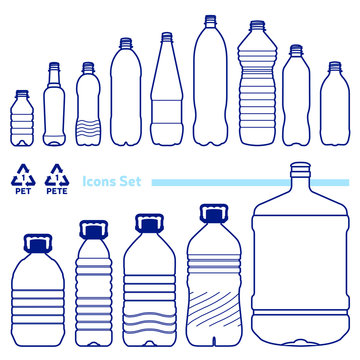 Recycling code 1 (PET - Polyethylene terephthalate) outline icons set. Empty clear plastic bottles on white background. 