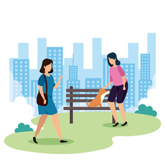 women with dog mascot in park landscape vector illustration design