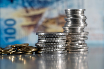 Coins stacked in piles