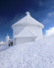 KARPACZ, POLAND - MARCH 08, 2020: St. Lawrence's Chapel in the Winter. A Roman Catholic chapel...
