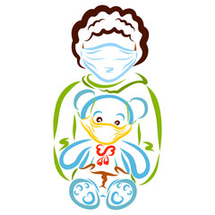 boy holds a teddy bear, a child and a toy in a medical mask