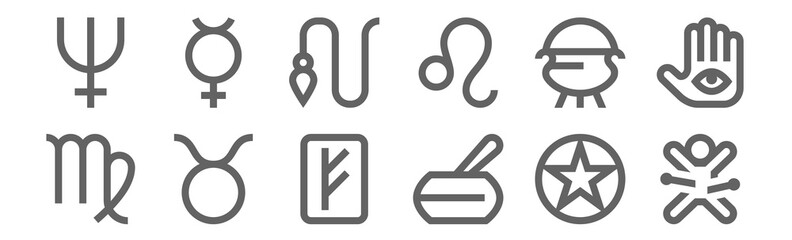set of 12 esoteric icons. outline thin line icons such as voodoo doll, singing bowl, taurus, cauldron, pendulum, mercury