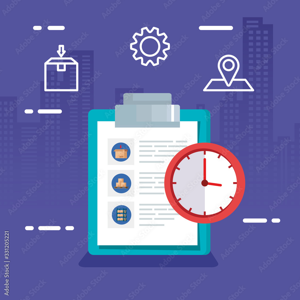 Poster clipboard with paper document and clock vector illustration design
