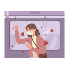 vector illustration of a woman wearing public train transportation and wearing a mask to avoid herself from plague, germs, viruses and pollution. Disease-prone public transportation air condition