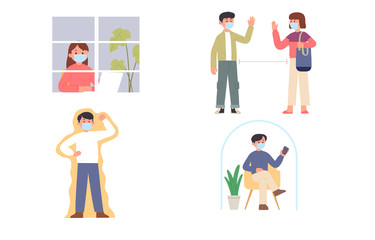 a collection of illustrations of human activity in which their area was affected by corona viruses or virus outbreaks and experienced city closure or activity outside the home