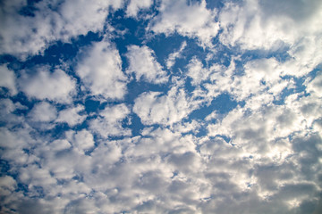 The sky is covered with small clouds. The sun shines through the clouds. Sunny day. Beautiful background.
