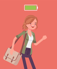 Fully charged active woman, power battery icon. Energetic young actively working girl in movement enjoying good health and mood, full of life, motivation. Vector flat style cartoon illustration