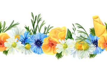 Seamless horizontal border of watercolor summer meadow flowers and herbs. Pattern with poppies, camomiles and cornflowers. Nature design for wrapping or invitation