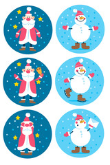 Vector holiday Christmas and new year round tags with cartoon characters Santa and Snow man