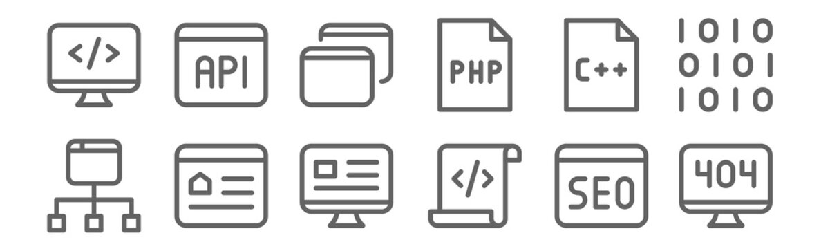 set of 12 programming icons. outline thin line icons such as error, script, homepage, programming language, browser, api