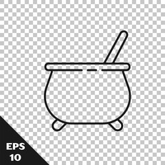 Black line Witch cauldron icon isolated on transparent background. Happy Halloween party. Vector Illustration