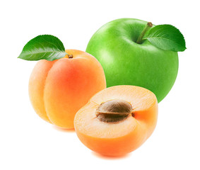Fresh green apple and apricots isolated on white background