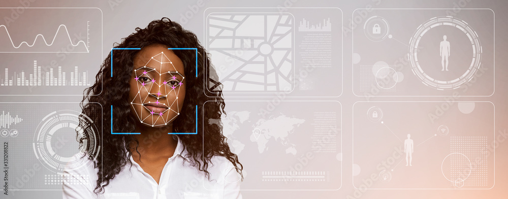 Poster cyber security. scanning of african american woman's face against virtual interface with digital dat