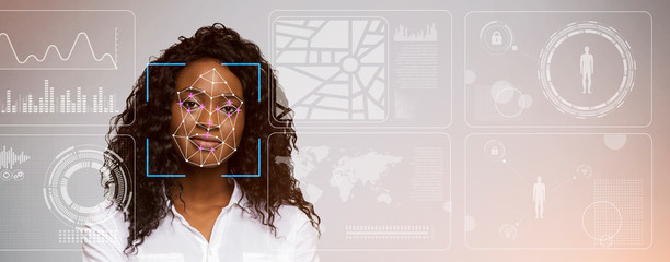 Cyber security. Scanning of African American woman's face against virtual interface with digital data, copy space
