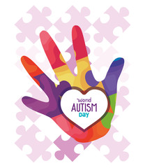world autism day with hand and puzzle pieces vector illustration design